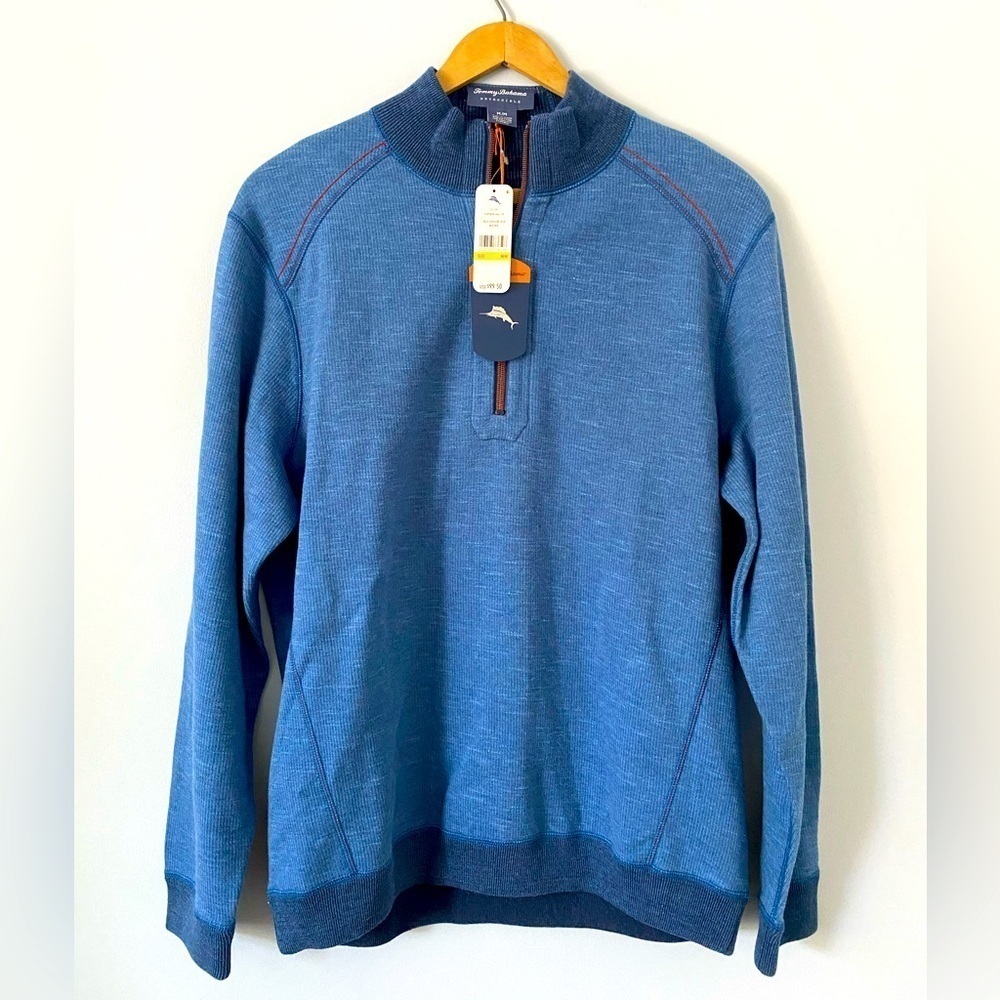 NWT Tommy Bahama Reversible Flipside Classic Half Zip, M, Dockside Blue Heather